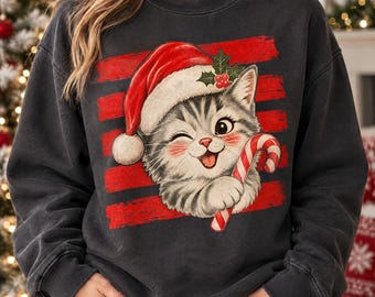 Christmas Kitten PNG, Winking Cat in Santa Hat with Candy Cane