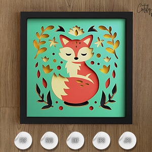 Raposa fofa em cena floral 3D 8x8 Caixa de sombra, Cena de caixa de sombra de animal da floresta em camadas, Arte da floresta com corte de papel faça você mesmo,