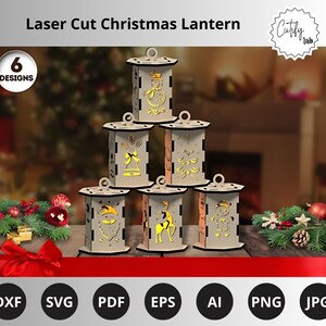 Zes 3D kerstlantaarn SVG nachtlampje herten, lasersnijden bestanden voor lantaarndecoratie middelpunt lampenkap tafelkandelaar.