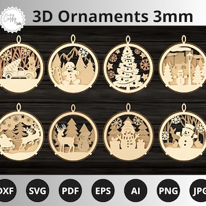 Décorations 3D d'arbre de Noël suspendues en 3D, boules de Noël 3D, fichiers de découpe laser Svg, boules de Noël 3D pour XTool, Lightburn.