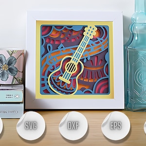 Gitaar 3D SVG Shadow Box, muziekinstrument papier gesneden, gelaagde akoestische gitaarkunst, DIY Cricut Shadow Box-sjabloon, houten lightbox-decor