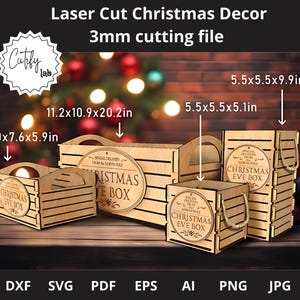 Caja cortada con láser con tapa abatible - Caja de almacenamiento - 4 tamaños diferentes - Archivos SVG cortados con láser de 3 mm para Navidad - Archivos de corte por láser Glowforge SVG.