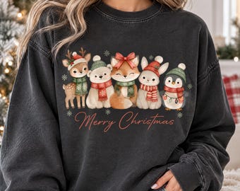 Weihnachtliche Tierfreunde (PNG), fröhliche Weihnachten im Aquarellstil: Hirsch, Bär, Fuchs, Hase und Pinguin