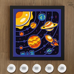 Sistema solare 3D Shadow Box SVG, Spazio a strati con scena di luna e sole, Arte fai da te con carta tagliata a forma di pianeta, Modello per Shadow Box Cricut, Lightbox in legno