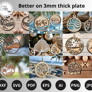 Pacote de enfeites de praia cortados a laser SVG, enfeites de Natal inspirados na praia, litoral, SVG, download digital a laser testado pela Glowforge.