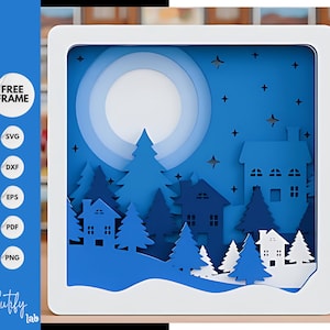 Vrolijk kerstfeest Schaduwdoos/lichtbak Scène 3D gelaagd, kerst winter 3D papier gesneden sjabloon lichtbak SVG digitaal
