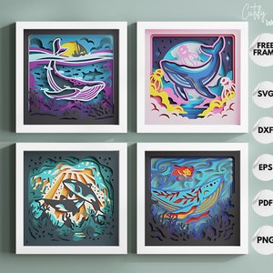 Mini bundle baleine océanique et Shadow Box agitée, 3 modèles Shadowbox 3D SVG, décoration murale maison de plage bricolage, papier découpé pour Cricut