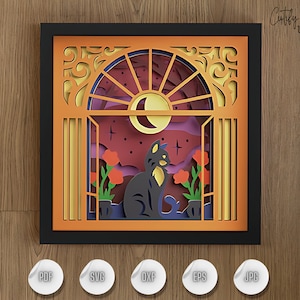 Schwarze Katze 3D SVG Shadow Box Layered Mond und Katzen-Szene, DIY Halloween Papierschnitt, Cricut Shadow Box Template, Lightbox Decor aus Holz