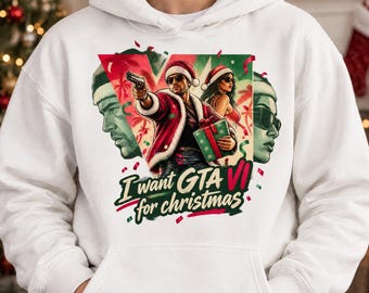 Armed Santa Couple PNG, Retro Tropical Christmas Action Poster Design