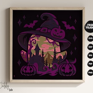 Hexenhut Halloween 3D Schattenbox SVG, Mehrschichtige gruselige Szene, DIY Papierschnitt Spukhaus Kunst, Cricut Schattenbox Vorlage, Holz Lichtbox