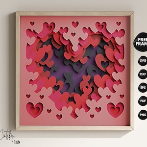 Caja de sombras 3D con corazones y amor, caja de sombras para San Valentín, archivos de arte de papel en capas SVG para Cricut y Silhouette con instrucciones sencillas.
