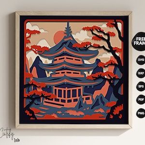 Japan Bagoda 3D SVG 8x8 Schattenbox, Sakura Landschaftsszene, DIY Papierschnitt Japanische Gartenkunst, Cricut Schattenbox-Vorlage
