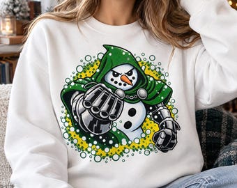 Armored Snowman PNG, Green Hooded Comic Villain with Raised Metal Fist