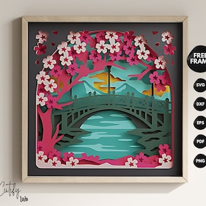 Blumenbrücke 3D SVG Schattenbox, Sakura Landschaftsszene, DIY Papierschnitt Japanische Gartenkunst, Cricut Schattenbox-Vorlage