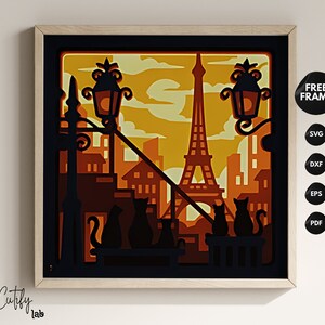 Torre Eiffel e silhueta de gato 3D SVG Shadow Box, cena de animal em camadas de Paris, arte de corte de papel, modelo de caixa de sombra Cricut, caixa de luz de madeira