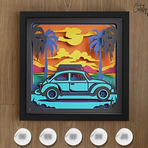 Retro Auto 3D Schattenbox SVG, Geschichtete Strand Sonnenuntergang Szene, DIY Papierschnitt Vintage Reisekunst, Cricut Schattenbox Vorlage, Holz Lichtbox