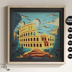 Colosseo 3D Shadow Box SVG, scena di riferimento di Roma a strati, arte architettonica italiana fai da te ritagliata su carta, modello di Shadow Box Cricut