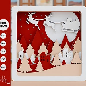 Plantilla de corte de papel 3D de caja de luz SVG digital de invierno en el bosque de Navidad, caja de sombras/escena de caja de luz en 3D con capas, Navidad