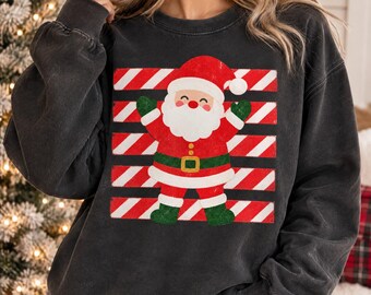 Happy Santa PNG with Candy Cane Stripes, Retro Christmas Design