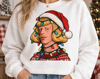 Blond Mustache Man PNG, Funny Christmas Portrait with Santa Hat and Lights