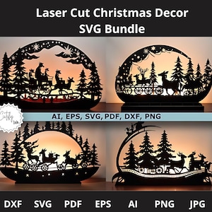 Weihnachten Laser DXF, SVG-Dateien Altes Dorf, Fliegen Reindeer, Weihnachtsmann, Winterwald, Multilayer Holz Licht Box, Schattenbox Stern von Bethlehem