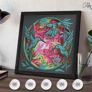 Papier cartonné en couches découpé pour Cricut, modèle Colibri SVG Shadowbox, fleurs oiseau et soleil 3D SVG