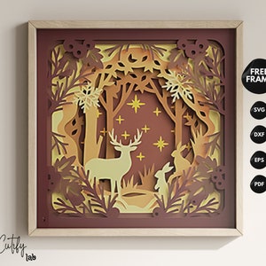 Noël hiver dans la forêt 3D papier découpé modèle caisson lumineux numérique SVG, joyeux Noël ombre boîte/boîte lumineuse scène 3D en couches, Noël