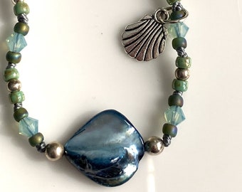 Aqua Abalone Shell bracelet with Swarovski Crystals and silver