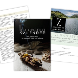 以下が含まれることがあります： 「RAUHNACHT KALENDER」と書かれたカレンダーを含む印刷物のコレクション。テキストは「ANLEITUNG FÜR 12 MAGISCHE TAGE UND NÄCHTE」です。画像には、「7. RAUHNACHT 30./31. DEZEMBER」というテキストのチラシと、テキストが書かれた別のドキュメントも含まれています。