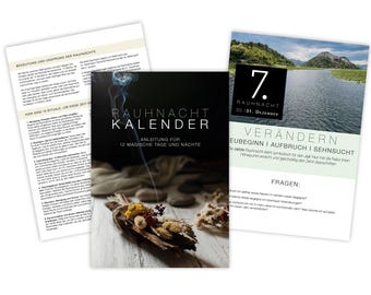 Può includere: Una collezione di materiali stampati, tra cui un calendario intitolato "RAUHNACHT KALENDER" con il testo "ANLEITUNG FÜR 12 MAGISCHE TAGE UND NÄCHTE." L'immagine include anche un volantino con il testo "7. RAUHNACHT 30./31. DEZEMBER" e un altro documento con testo.