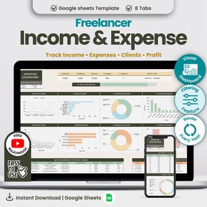 Könnte beinhalten: Ein Laptop und ein Smartphone, die eine Finanz-Dashboard-Vorlage für Freiberufler anzeigen. Der Bildschirm zeigt die Verfolgung von Einnahmen, Ausgaben und Gewinn. Das Design umfasst Diagramme und Grafiken mit dem Text "Income & Expense" und "Freelancer".