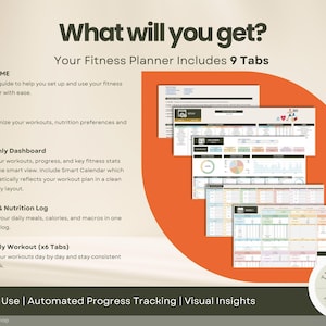 Fitness Planner Google Sheets template screenshot of 9 tabs of template