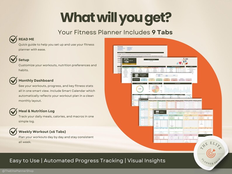 Fitness Planner Google Sheets template screenshot of 9 tabs of template