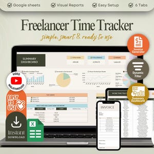 May include: A laptop, smartphone, and tablet display a freelancer time tracker interface. The design includes charts, graphs, and the text "Freelancer Time Tracker simple, smart & ready to use." Icons indicate features like invoice generation and easy setup.