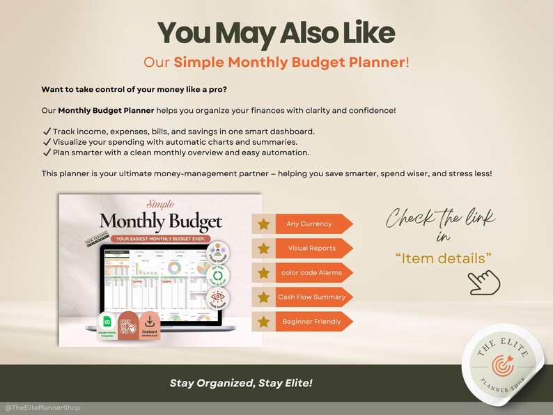 May include: Promotional image for a monthly budget planner. The image features a laptop displaying a budget interface, with icons and text highlighting features like tracking income, expenses, and savings. Text reads "You May Also Like Our Simple Monthly Budget Planner!"