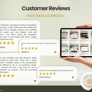 May include: A tablet displaying various planner templates, held by a person. The screen shows fitness, goal, and habit planners, among others. Customer reviews are displayed, with text that reads "Customer Reviews THAT MAKE US PROUD!"