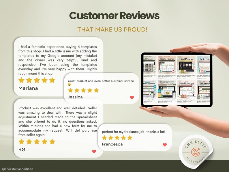 May include: A tablet displaying various planner templates, held by a person. The screen shows fitness, goal, and habit planners, among others. Customer reviews are displayed, with text that reads "Customer Reviews THAT MAKE US PROUD!"