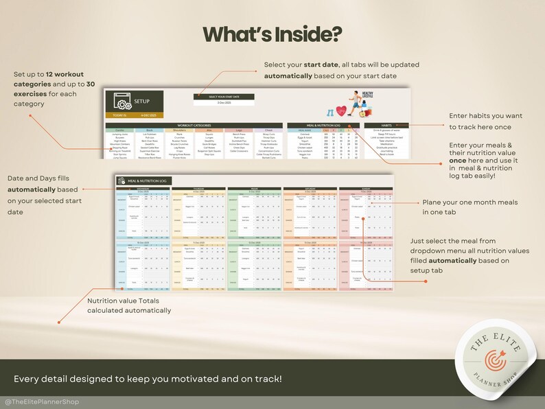 A digital planner with sections for workout categories, exercises, and meal planning. The planner includes a setup tab, a meal and nutrition log, and a monthly meal planning section. The text on the planner says "What's Inside?" and "Every detail designed to keep you motivated and on track!"