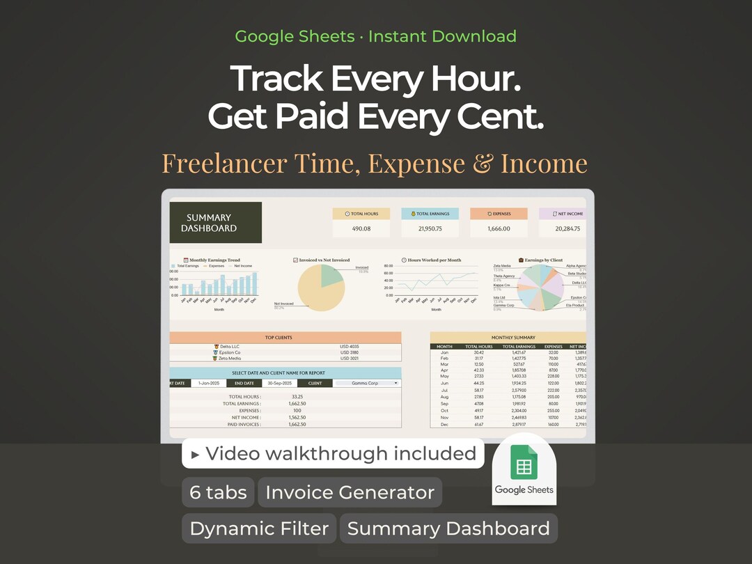Freelancer Time Tracker Google Sheets | Billable Hours, Client ...