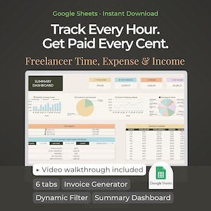 Peut inclure: Un modèle de feuille de calcul numérique pour les freelances, avec un tableau de bord récapitulatif, un générateur de factures et un filtre dynamique. Le texte "Track Every Hour. Get Paid Every Cent." est inclus.