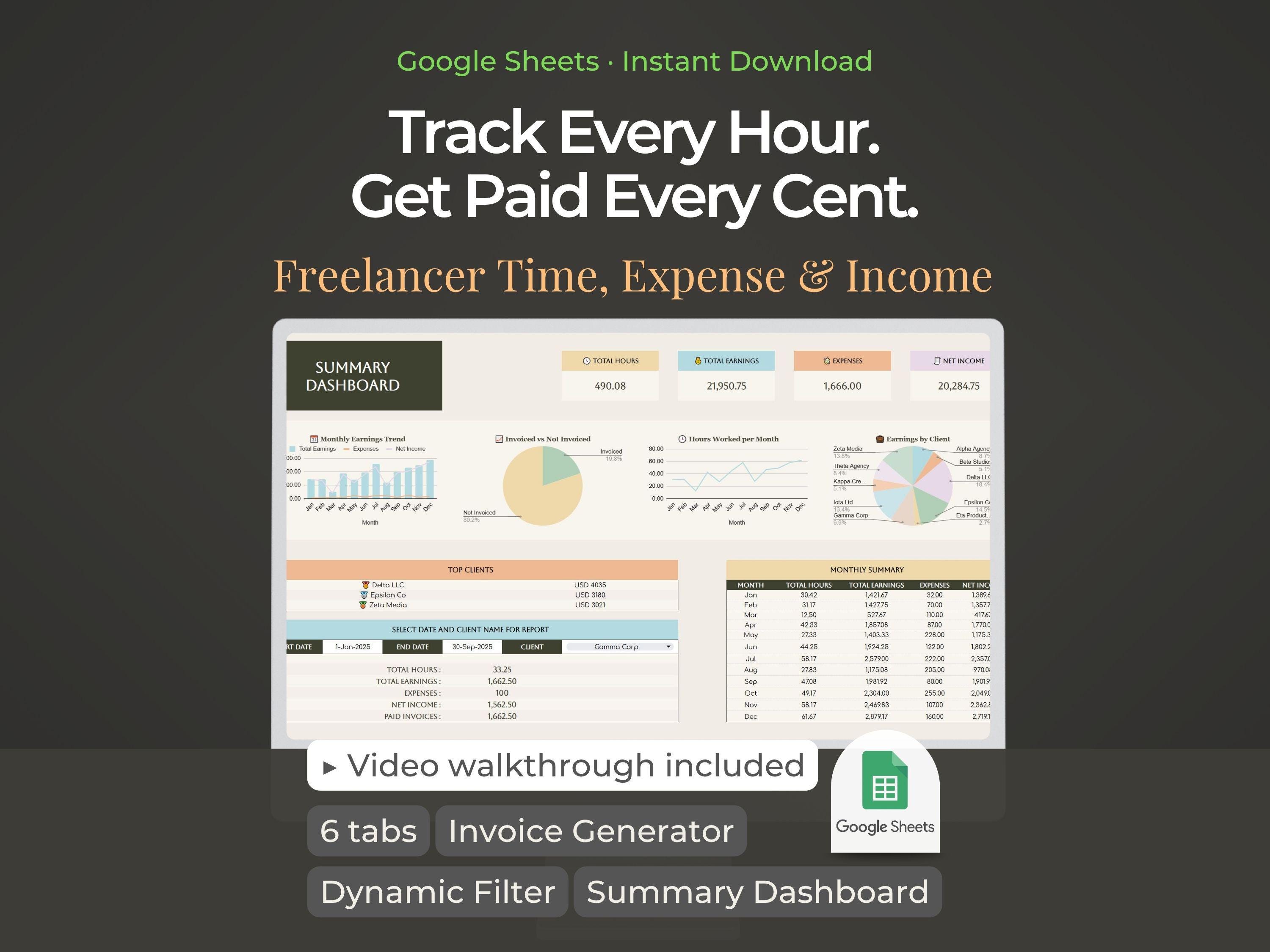 Freelancer Time Tracker Google Sheets | Billable Hours, Client ...