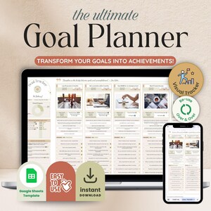 Planificador de objetivos, plantilla de Hojas de cálculo de Google, hoja de cálculo para establecer objetivos simples, seguimiento de objetivos SMART, tablero de visión anual, propósitos de Año Nuevo 2026
