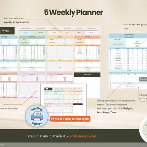 A 5 Weekly Planner with a detailed layout for tracking workouts. The planner includes sections for each day of the week, with space to record exercises, sets, reps, and time. It also features a section to track cardio and habits. The text "Print & Take to the Gym" is visible.