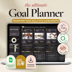Może przedstawiać: Laptop wyświetla interfejs planera celów z tekstem "the ultimate Goal Planner" i "TRANSFORM YOUR GOALS INTO ACHIEVEMENTS!". Ekran pokazuje ciemny interfejs z wykresami i obrazami. Ikony wskazują funkcje takie jak "Visual Tracker".