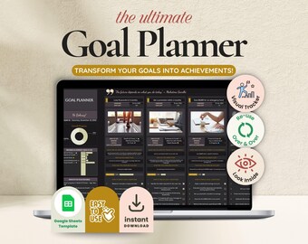 Puede incluir: Una computadora portátil muestra una interfaz de planificador de objetivos con el texto "the ultimate Goal Planner" y "TRANSFORM YOUR GOALS INTO ACHIEVEMENTS!". La pantalla muestra una interfaz oscura con gráficos e imágenes. Los iconos indican funciones como "Visual Tracker".