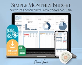 Monthly Budget Planner: Easy Google Sheets Spreadsheet (Digital Download)