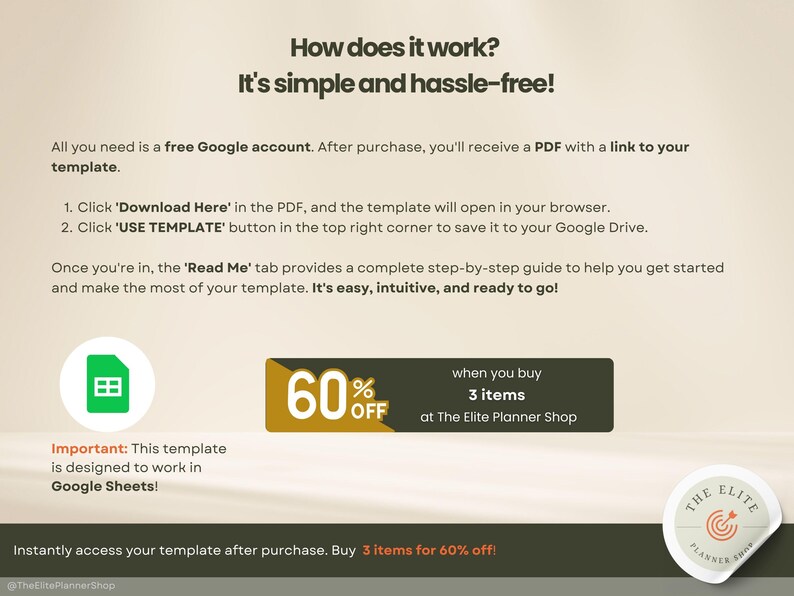 May include: Informational graphic with text explaining how a template works. The text includes instructions on downloading and using the template in Google Sheets. A 60% off promotion is displayed when buying 3 items.