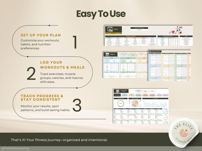 A fitness planner with the text "Easy To Use" and numbered steps: Set up your plan, log your workouts & meals, and track progress. Includes sample pages for workout tracking and progress monitoring. The Elite Planner Shop logo is in the bottom right.