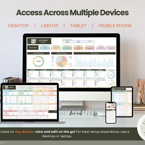 May include: Image showcasing a digital planner on a desktop computer, laptop, tablet, and mobile phone. The screens display a calendar and data charts. Text reads "Access Across Multiple Devices" and "Stay organized on any device."