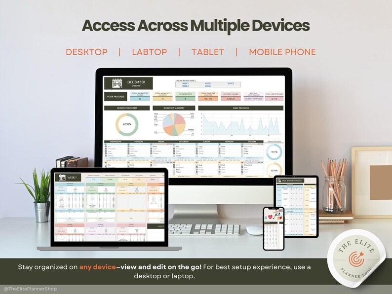 May include: Image showcasing a digital planner on a desktop computer, laptop, tablet, and mobile phone. The screens display a calendar and data charts. Text reads "Access Across Multiple Devices" and "Stay organized on any device."